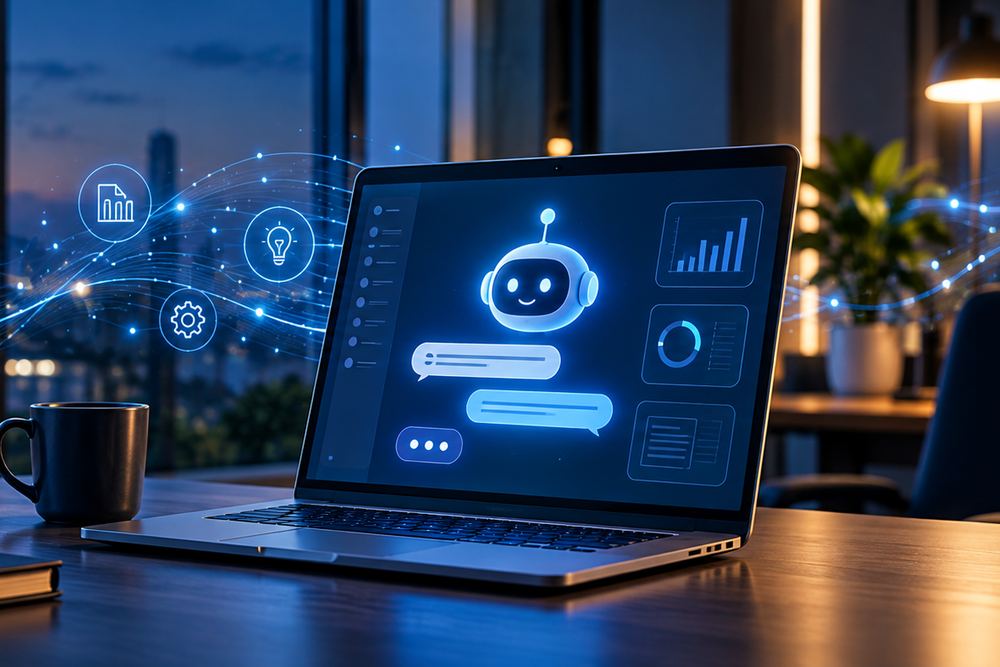 A laptop showing an AI chat assistant and analytics on a desk overlooking a city at dusk
