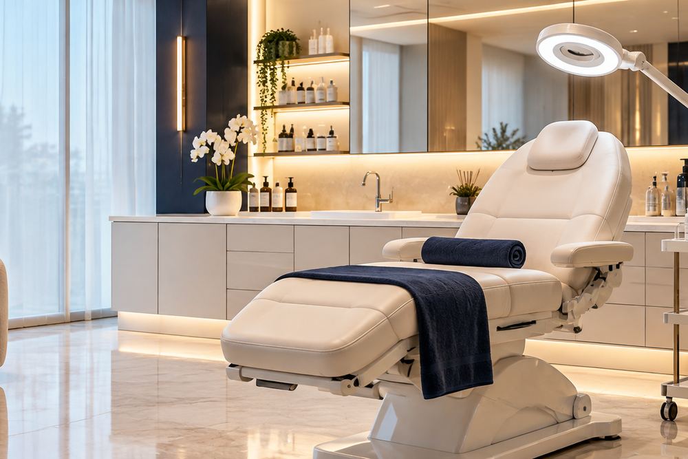 A calm, softly lit aesthetics treatment room with a white treatment chair and navy towels