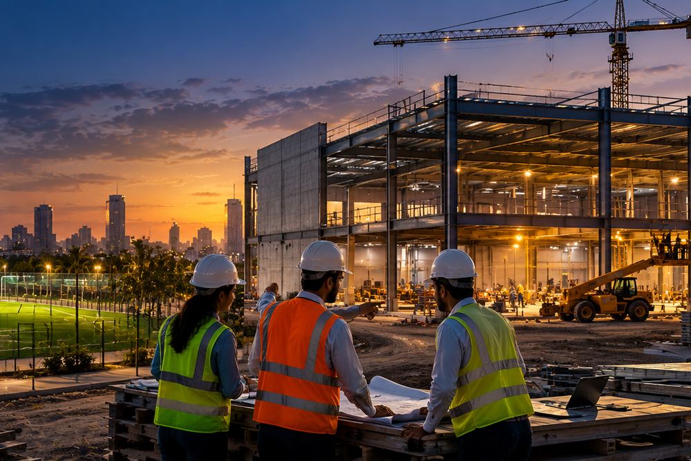 Engineers in hard hats reviewing drawings at a building site beside a floodlit football ground at dusk