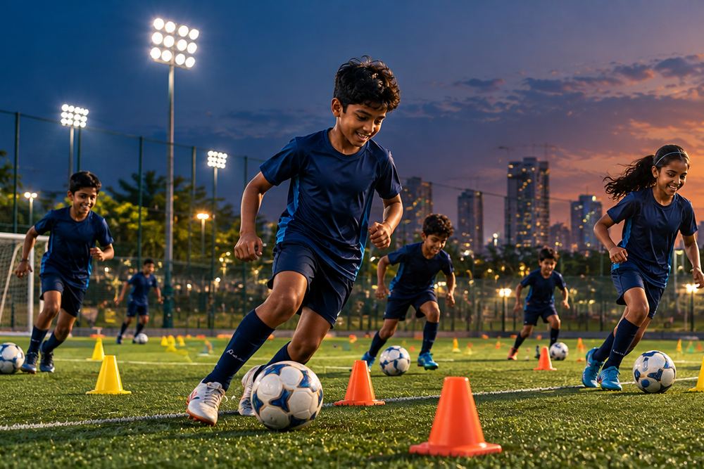 Young footballers in navy kit dribbling through cone drills under floodlights while a coach watches