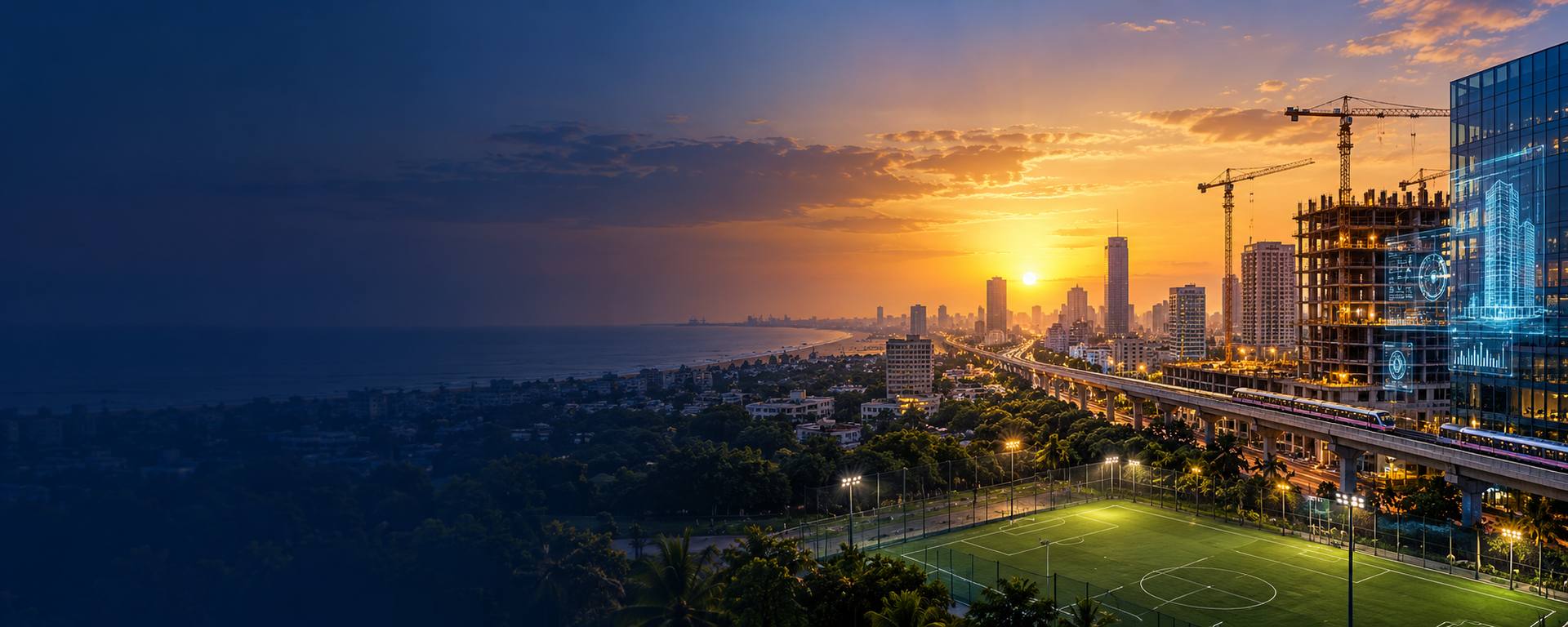 Chennai at sunset: the coastline, a floodlit football turf, a metro line and buildings under construction